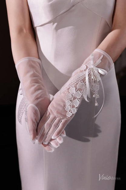 Short Sheer Bridal Gloves with Lily of the Valley Lace & Bow Detail WG219-Bridal Gloves 2026-Viniodress-Ivory-