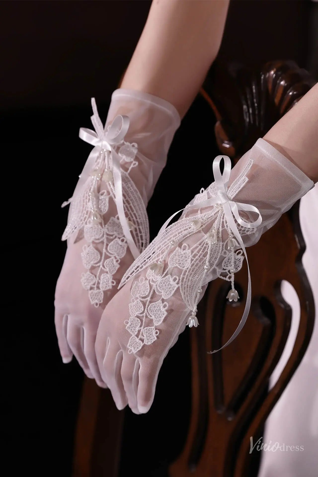 Short Sheer Bridal Gloves with Lily of the Valley Lace & Bow Detail WG219-Bridal Gloves 2026-Viniodress-Ivory-