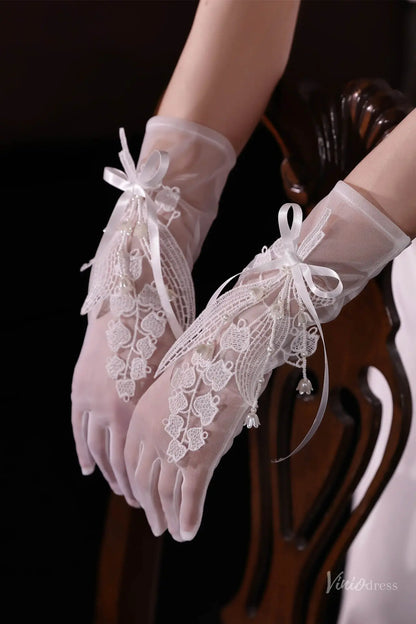 Short Sheer Bridal Gloves with Lily of the Valley Lace & Bow Detail WG219-Bridal Gloves 2026-Viniodress-Ivory-
