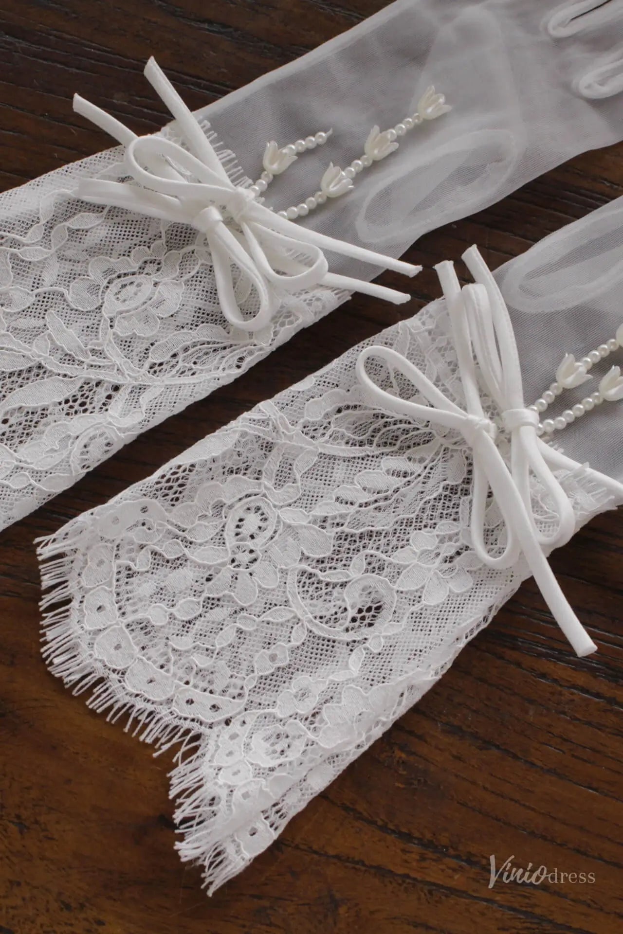 Short Sheer Lace Bridal Gloves with Satin Bow and Pearls WG219-Headpieces 2026-Viniodress-Ivory-