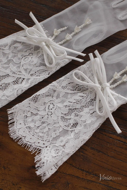 Short Sheer Lace Bridal Gloves with Satin Bow and Pearls WG219-Headpieces 2026-Viniodress-Ivory-