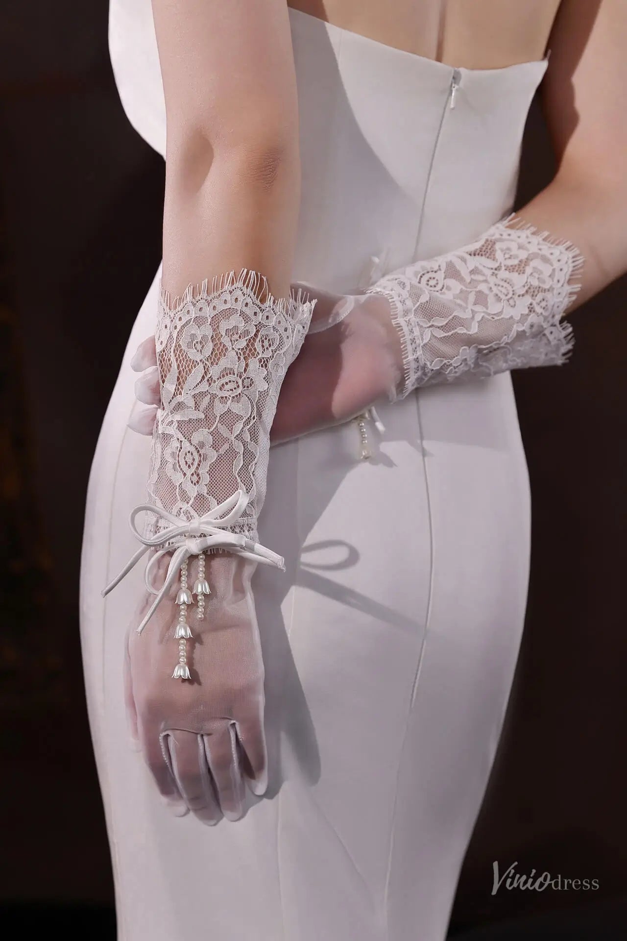Short Sheer Lace Bridal Gloves with Satin Bow and Pearls WG219-Headpieces 2026-Viniodress-Ivory-
