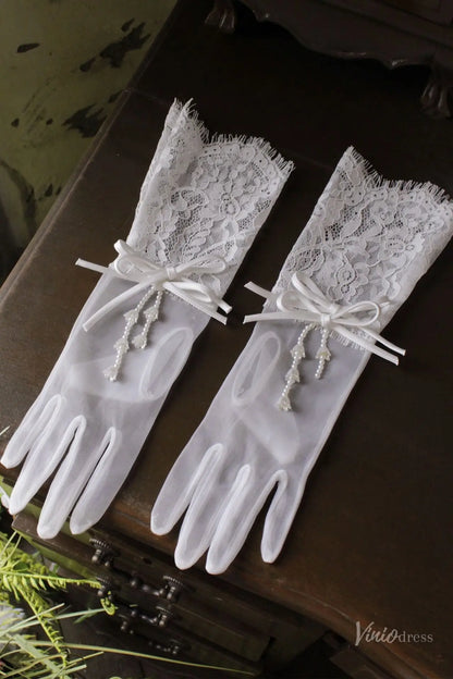 Short Sheer Lace Bridal Gloves with Satin Bow and Pearls WG219-Headpieces 2026-Viniodress-Ivory-