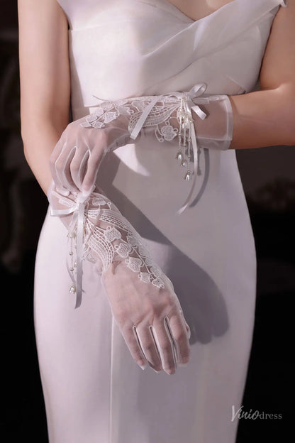 Short Sheer Lace Bridal Gloves with Satin Bow and Pearls WG219-Headpieces 2026-Viniodress-Ivory-