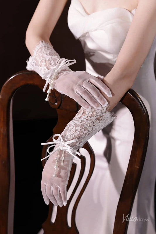 Short Sheer Lace Bridal Gloves with Satin Bow and Pearls WG219-Headpieces 2026-Viniodress-Ivory-