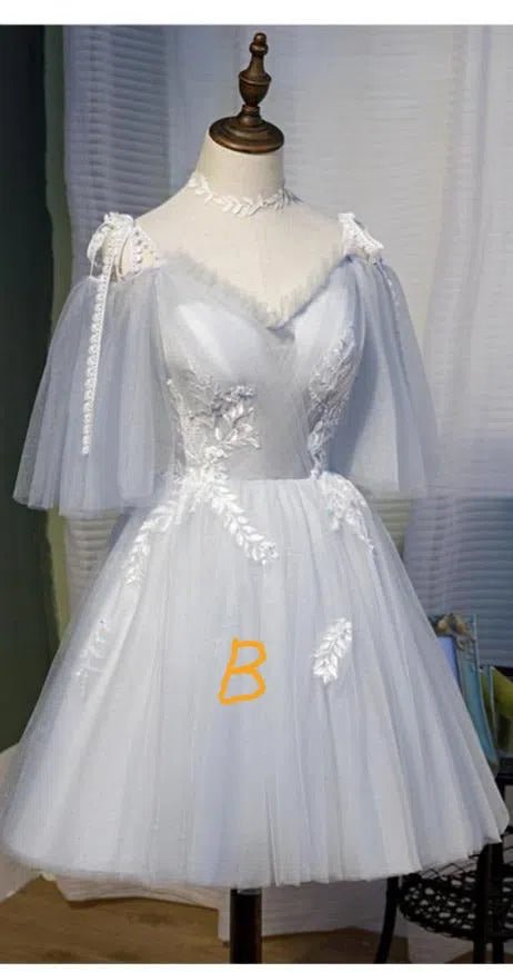 Short Silver Tulle Homecoming Dresses with Sleeves SD1365-Homecoming Dresses 2025 -VINIODRESS-B-Silver-US2