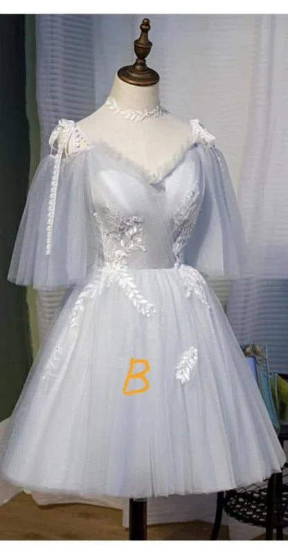 Short Silver Tulle Homecoming Dresses with Sleeves SD1365-Homecoming Dresses 2025 -VINIODRESS-B-Silver-US2