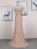 Prom Dress 2025 Short Sleeve Beaded Prom Dresses Vintage Long Evening Dress FD2480-unique prom dresses-Taupe-US 2-Viniodress