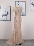 Prom Dress 2025 Short Sleeve Beaded Prom Dresses Vintage Long Evening Dress FD2480-unique prom dresses-Taupe-US 2-Viniodress