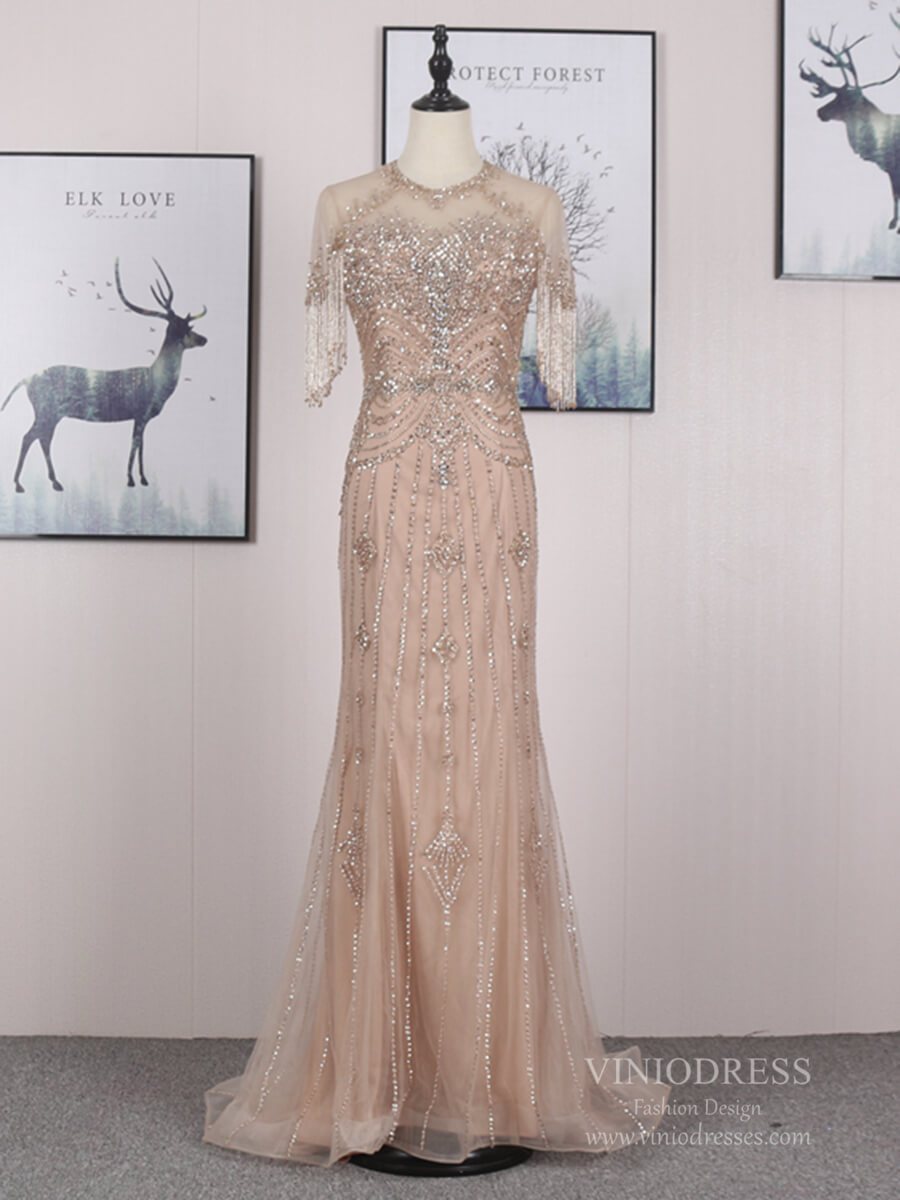 Short Sleeve Beaded Prom Dresses Vintage Long Evening Dress FD2480-prom dresses-Viniodress-Taupe-US 2-Viniodress