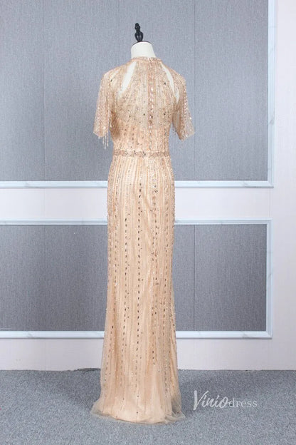 Short Sleeve Evening Dresses Sheath Beaded Prom Dress with Slit FD2776-Evening Dresses 2025 -Viniodress-Gold-US 2-