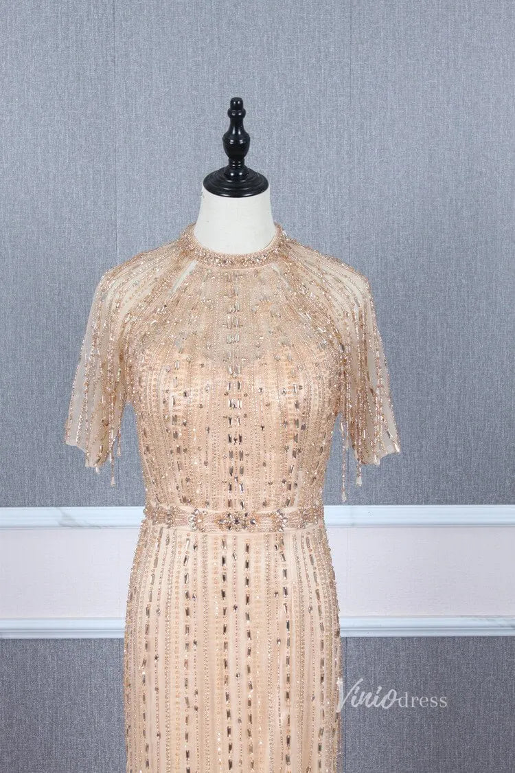 Short Sleeve Evening Dresses Sheath Beaded Prom Dress with Slit FD2776-Evening Dresses 2025 -Viniodress-Gold-US 2-