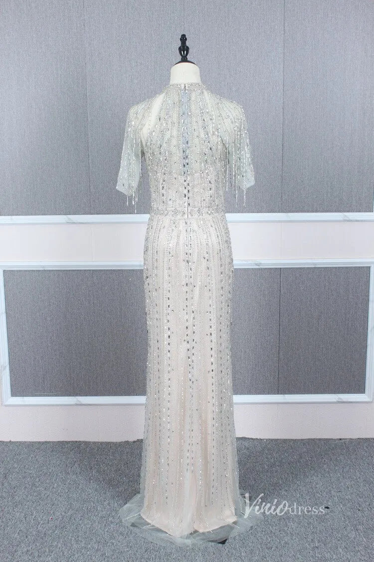 Short Sleeve Evening Dresses Sheath Beaded Prom Dress with Slit FD2776-Evening Dresses 2025 -Viniodress-Gold-US 2-