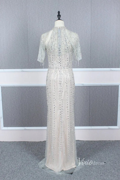 Short Sleeve Evening Dresses Sheath Beaded Prom Dress with Slit FD2776-Evening Dresses 2025 -Viniodress-Gold-US 2-