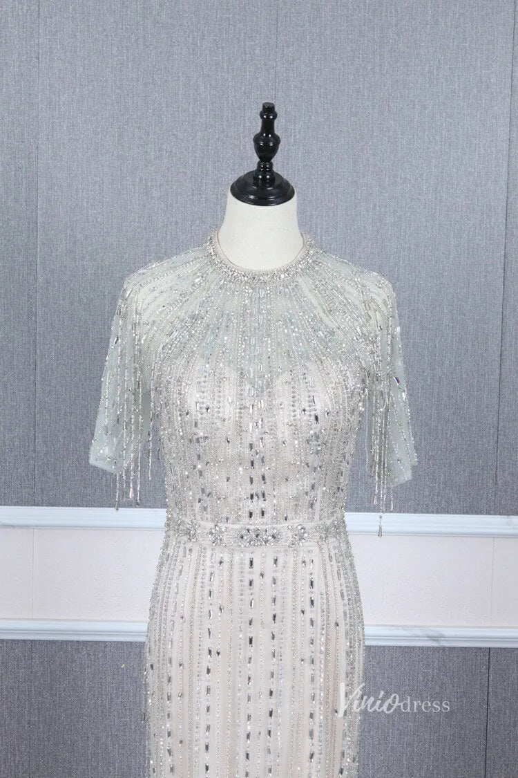 Short Sleeve Evening Dresses Sheath Beaded Prom Dress with Slit FD2776-Evening Dresses 2025 -Viniodress-Gold-US 2-