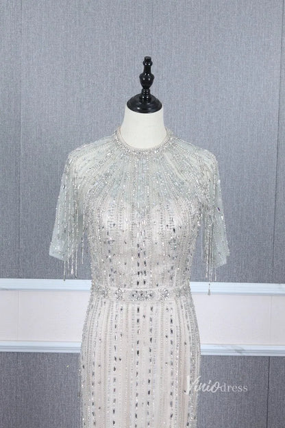 Short Sleeve Evening Dresses Sheath Beaded Prom Dress with Slit FD2776-Evening Dresses 2025 -Viniodress-Gold-US 2-