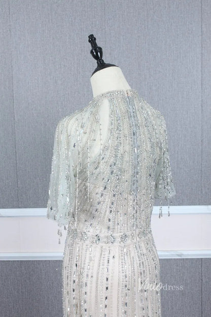 Short Sleeve Evening Dresses Sheath Beaded Prom Dress with Slit FD2776-Evening Dresses 2025 -Viniodress-Gold-US 2-