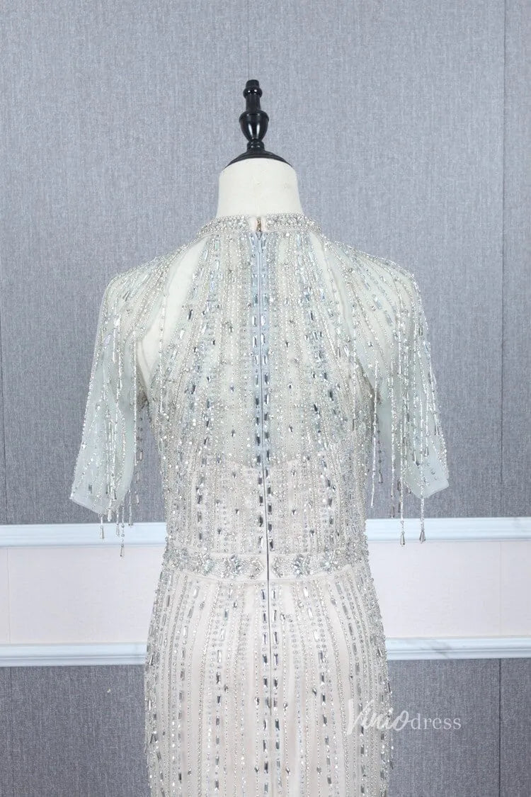 Short Sleeve Evening Dresses Sheath Beaded Prom Dress with Slit FD2776-Evening Dresses 2025 -Viniodress-Gold-US 2-