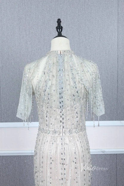 Short Sleeve Evening Dresses Sheath Beaded Prom Dress with Slit FD2776-Evening Dresses 2025 -Viniodress-Gold-US 2-