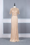 Prom Dress 2025 Short Sleeve Evening Dresses Sheath Beaded Prom Dress with Slit FD2776-unique prom dresses-Gold-US 2-Viniodress