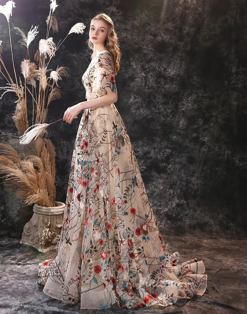 Prom Dress 2025 Short Sleeve Floral Prom Dress A-line FD2705-unique prom dresses-Champagne-Custom Size-Viniodress