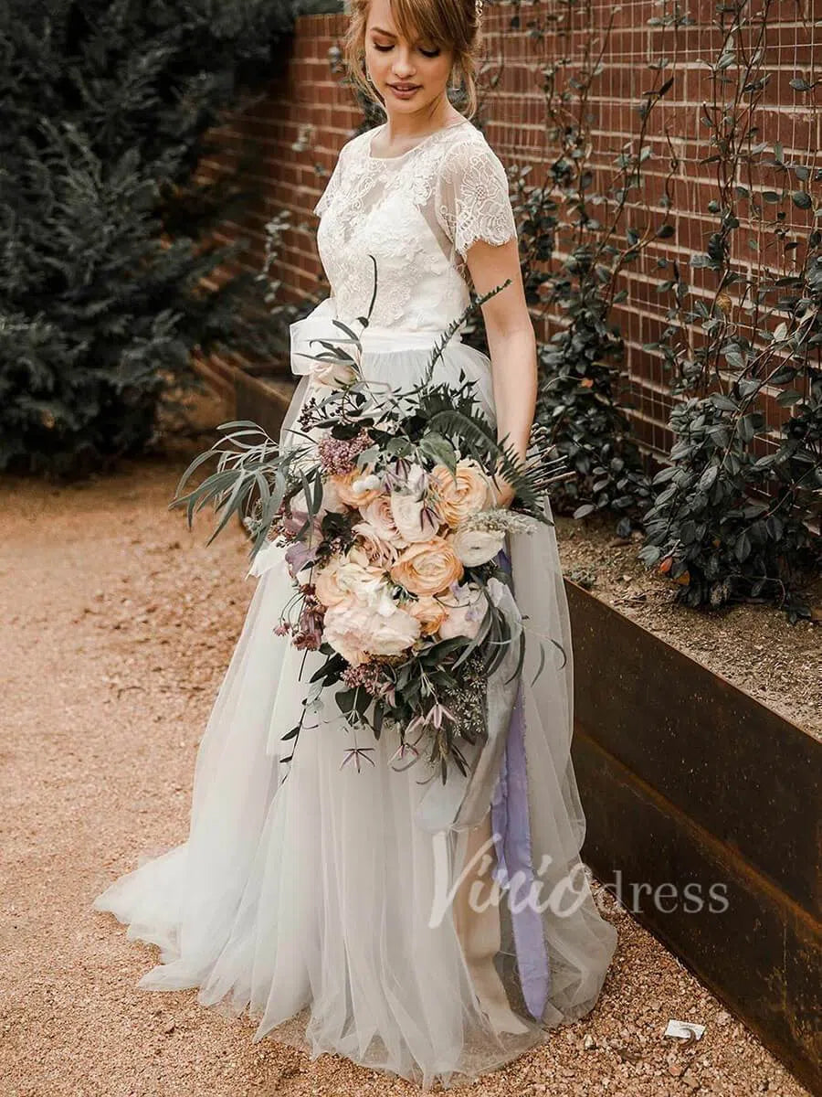 Short Sleeve Silver Country Wedding Dresses Open Back VW1270-wedding dresses 2025 -Viniodress-Silver-Custom Size-