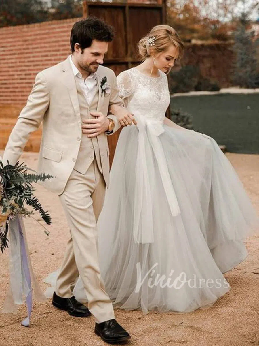 Short Sleeve Silver Country Wedding Dresses Open Back VW1270-wedding dresses 2025 -Viniodress-Silver-Custom Size-