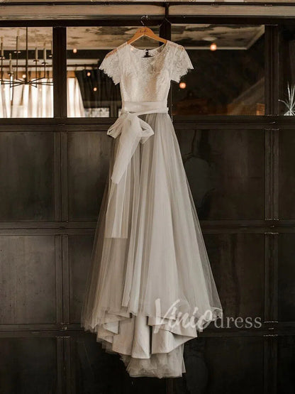 Short Sleeve Silver Country Wedding Dresses Open Back VW1270-wedding dresses 2025 -Viniodress-Silver-Custom Size-