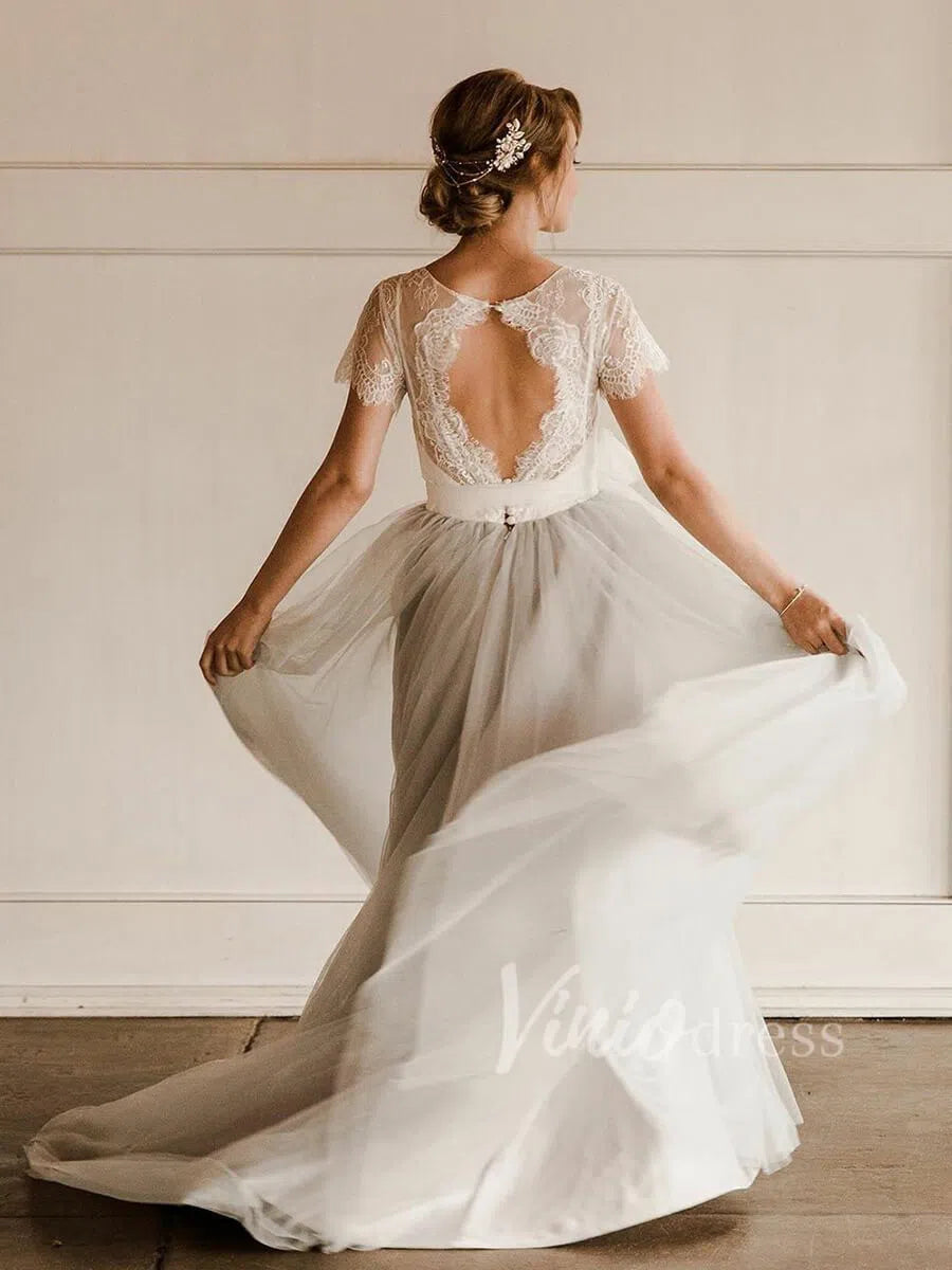 Short Sleeve Silver Country Wedding Dresses Open Back VW1270-wedding dresses 2025 -Viniodress-Silver-Custom Size-