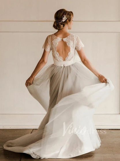 Short Sleeve Silver Country Wedding Dresses Open Back VW1270-wedding dresses 2025 -Viniodress-Silver-Custom Size-