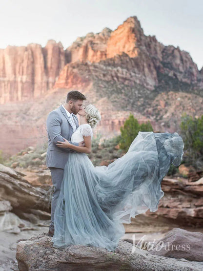 Short Sleeve Slate Blue Wedding Dresses for Photography VW1116-wedding dresses 2025 -Viniodress-Dusty Blue-Custom Size-