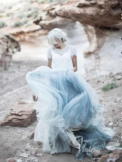 Short Sleeve Slate Blue Wedding Dresses for Photography VW1116-wedding dresses 2025 -Viniodress-Dusty Blue-Custom Size-