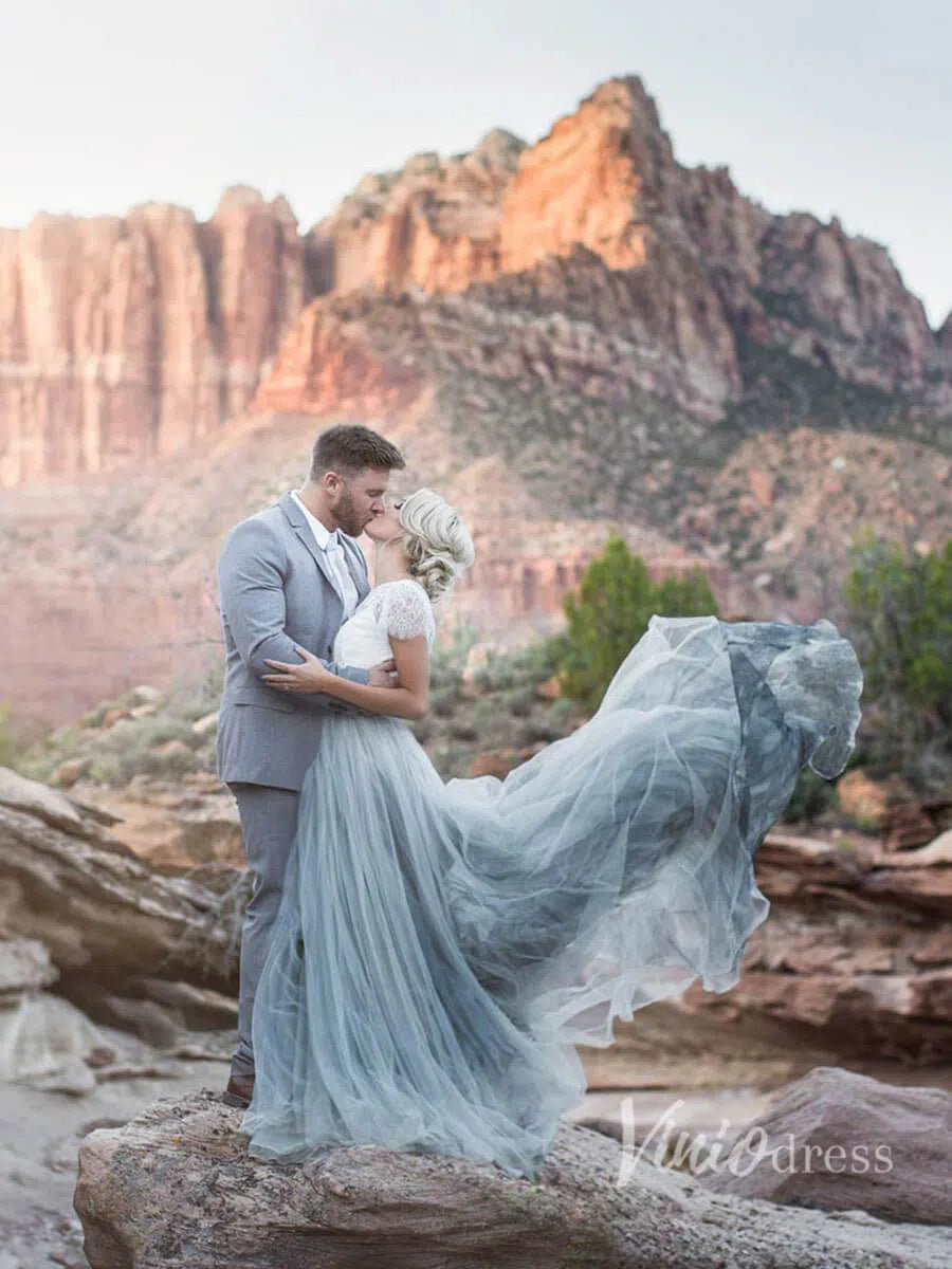 Short Sleeve Slate Blue Wedding Dresses for Photography VW1116-wedding dresses-Viniodress-Viniodress