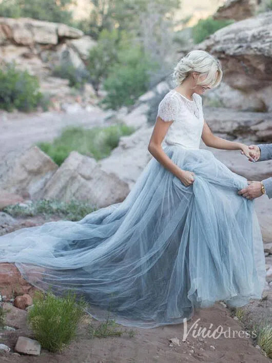 Short Sleeve Slate Blue Wedding Dresses for Photography VW1116-wedding dresses-Viniodress-Viniodress