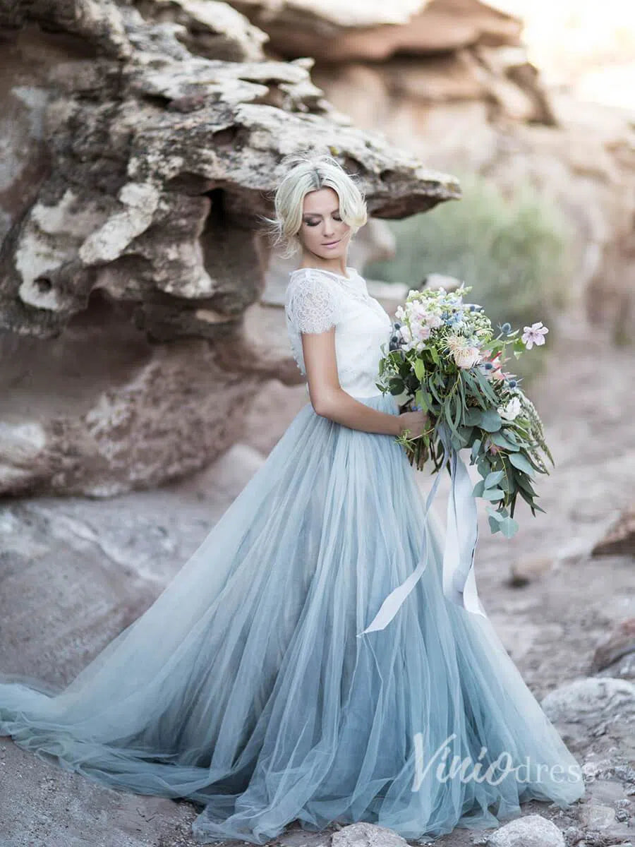 Short Sleeve Slate Blue Wedding Dresses for Photography VW1116-wedding dresses-Viniodress-Dusty Blue-Custom Size-Viniodress