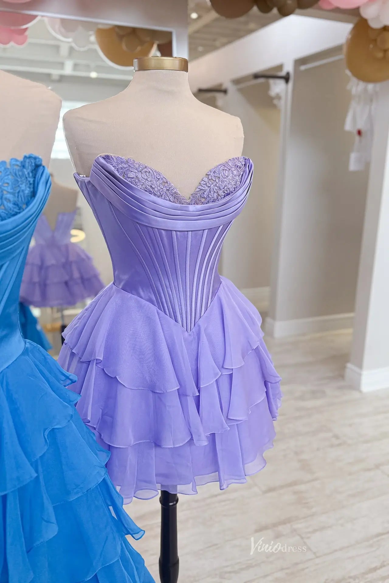 Short Strapless Tiered Chiffon Prom Dresses with Corset Bodice RF301-Homecoming Dresses 2026-Viniodress-Blue-Short-Custom Size