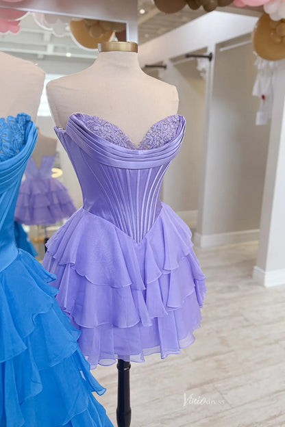 Short Strapless Tiered Chiffon Prom Dresses with Corset Bodice RF301-Homecoming Dresses 2026-Viniodress-Blue-Short-Custom Size
