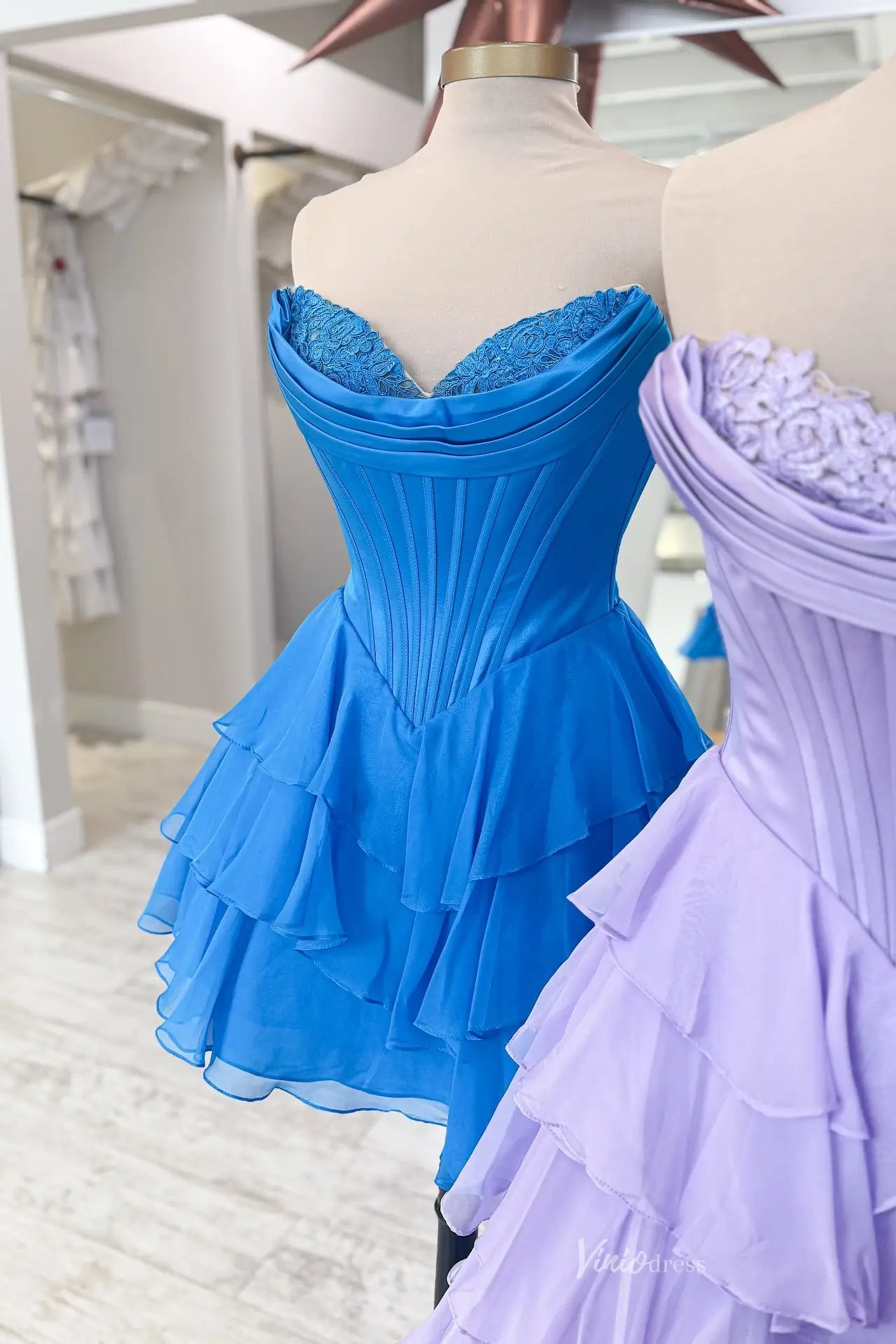 Short Strapless Tiered Chiffon Prom Dresses with Corset Bodice RF301-Homecoming Dresses 2026-Viniodress-Blue-Short-Custom Size