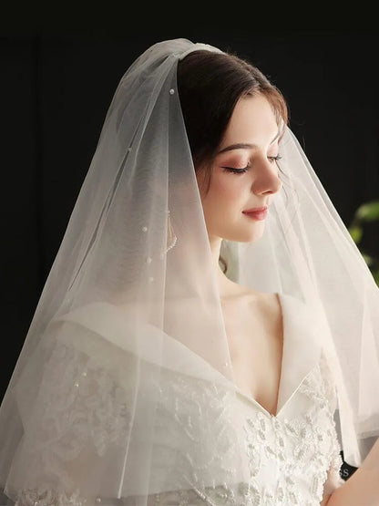 Short Tulle Bridal Blusher Veils with Pearls Viniodress AC1297-Bridal Veil 2025 -Viniodress-Ivory-