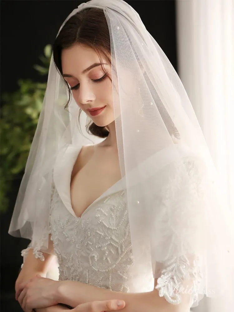 Short Tulle Bridal Blusher Veils with Pearls Viniodress AC1297-Bridal Veil 2025 -Viniodress-Ivory-