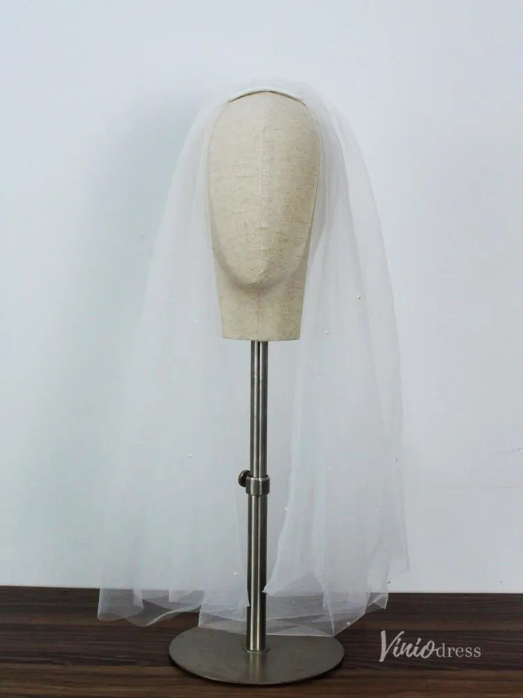 Short Tulle Bridal Blusher Veils with Pearls Viniodress AC1297-Bridal Veil 2025 -Viniodress-Ivory-