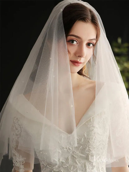 Short Tulle Bridal Blusher Veils with Pearls Viniodress AC1297-Bridal Veil 2025 -Viniodress-Ivory-