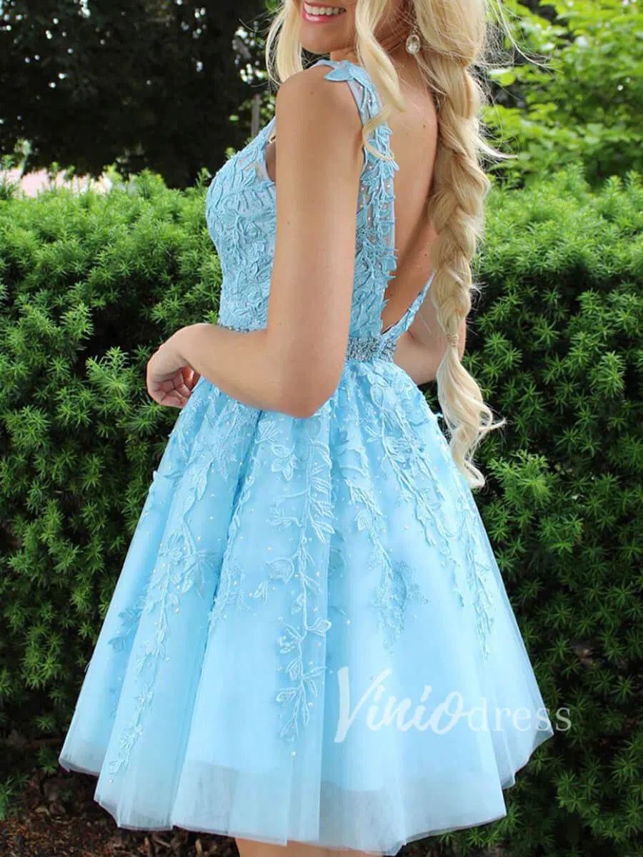 Short V Neck Blush Pink Lace Homecoming Dresses SD1177-Homecoming Dresses 2025 -Viniodress-Blush Pink-Custom Size-