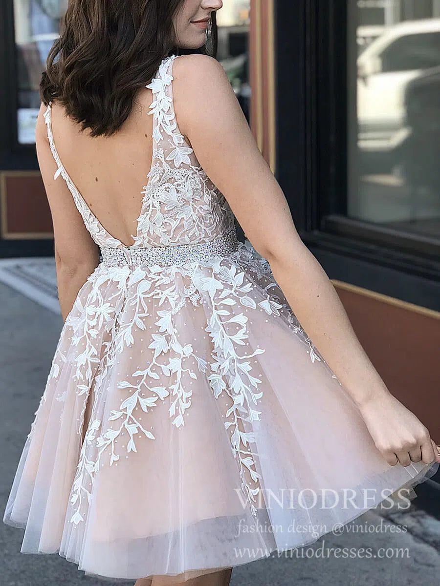 Short V Neck Blush Pink Lace Homecoming Dresses SD1177 Viniodress Short V Neck Blush Pink Lace Homecoming Dresses SD1177 Viniodress