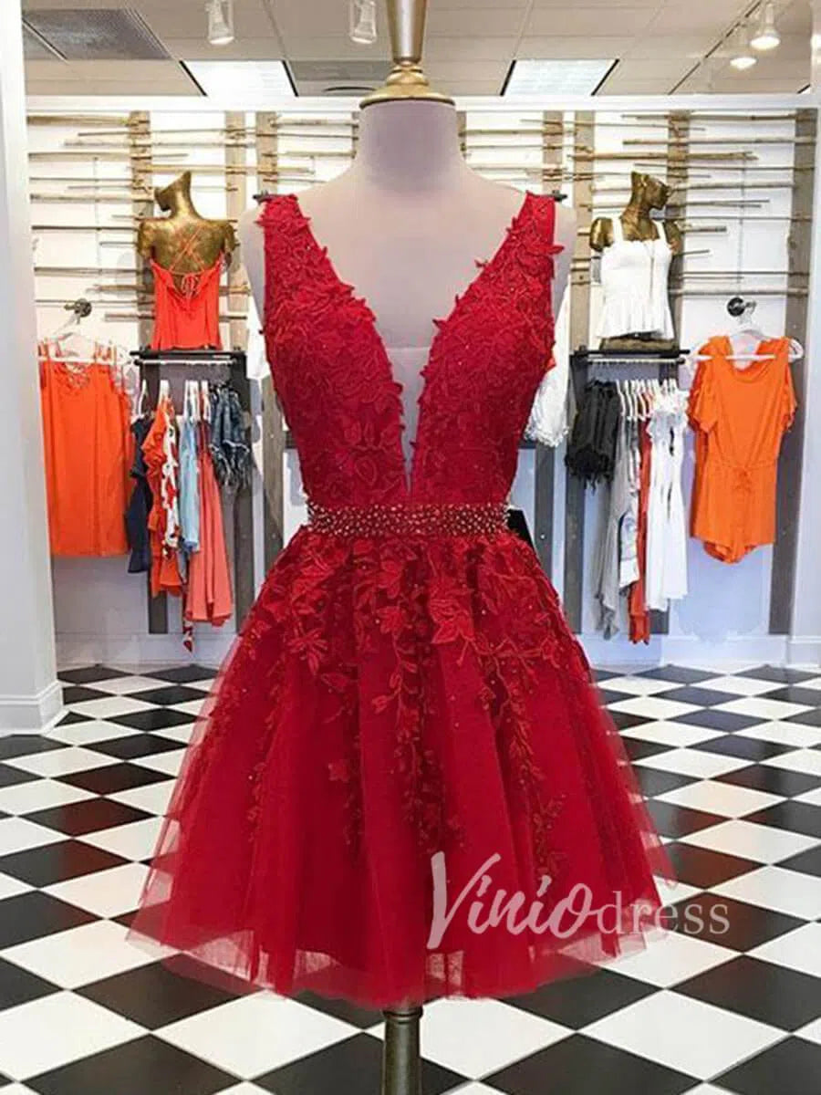 Short V Neck Blush Pink Lace Homecoming Dresses SD1177-Homecoming Dresses 2025 -Viniodress-Blush Pink-Custom Size-