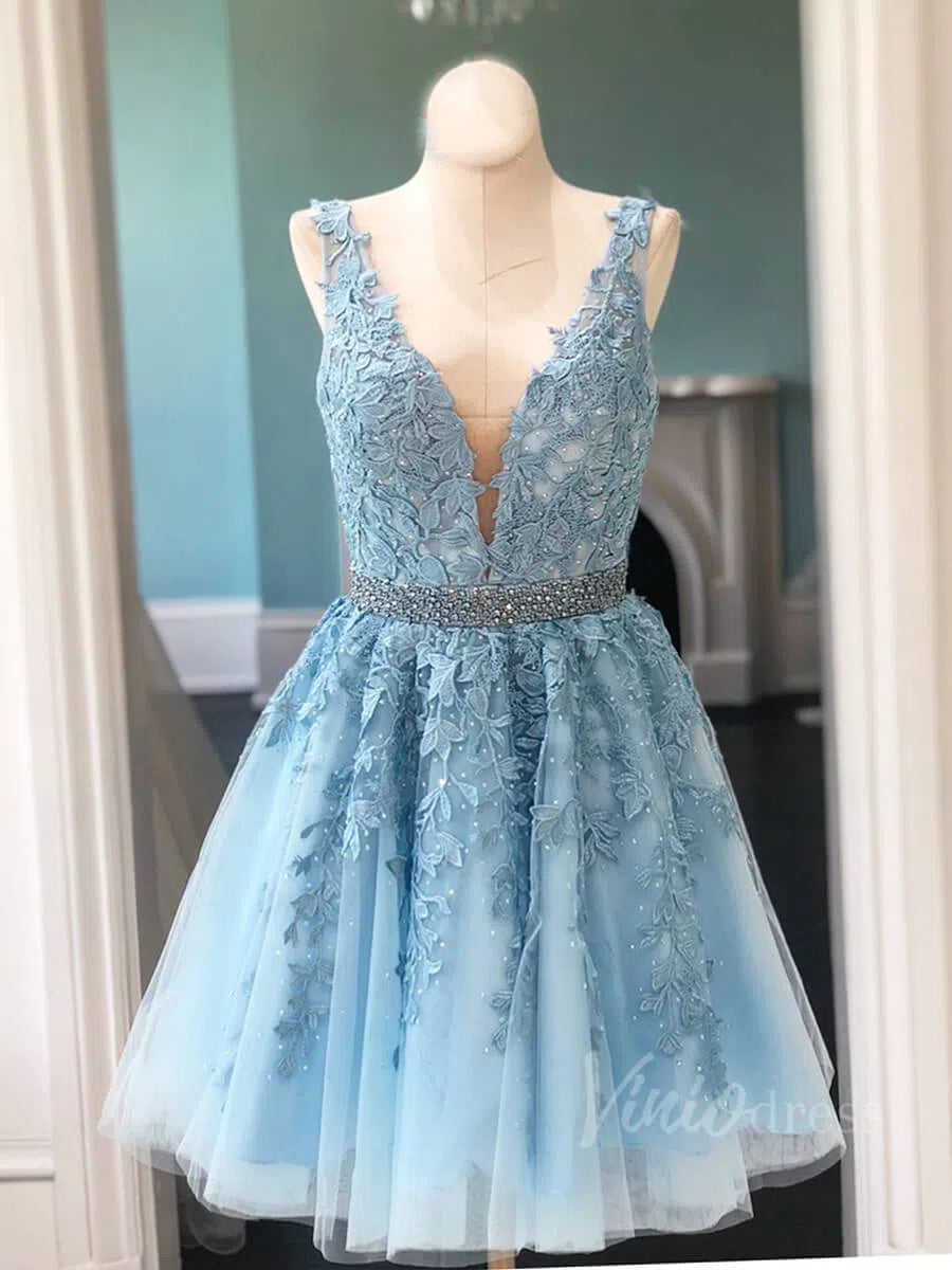 Short V Neck Blush Pink Lace Homecoming Dresses SD1177-Homecoming Dresses 2025 -Viniodress-Blush Pink-Custom Size-