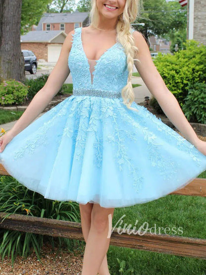 Short V Neck Blush Pink Lace Homecoming Dresses SD1177-Homecoming Dresses 2025 -Viniodress-Blush Pink-Custom Size-