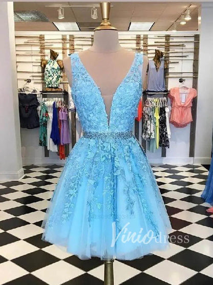 Short V Neck Blush Pink Lace Homecoming Dresses SD1177-Homecoming Dresses 2025 -Viniodress-Light Blue-Custom Size-