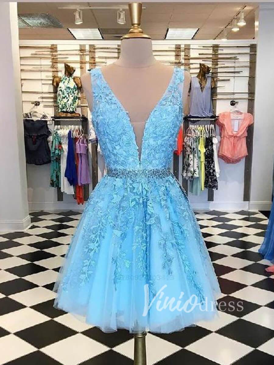 Short V Neck Blush Pink Lace Homecoming Dresses SD1177-homecoming dresses-Viniodress-Light Blue-Custom Size-Viniodress