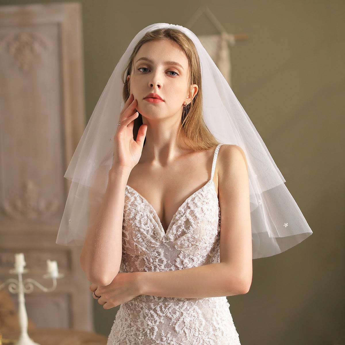 Shoulder Length Bridal Veil 2 Tiers-Accessories 2025 -Viniodress-Ivory-